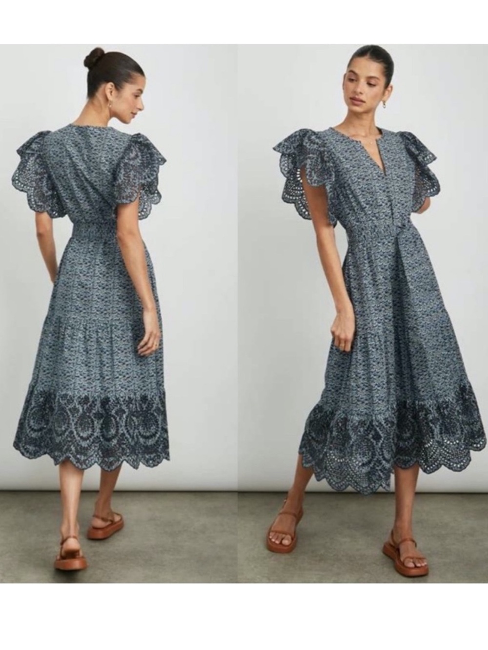 Rails Gia Midnight Dahlia Frill Sleeve MIDI Dress Sz S Navy Print